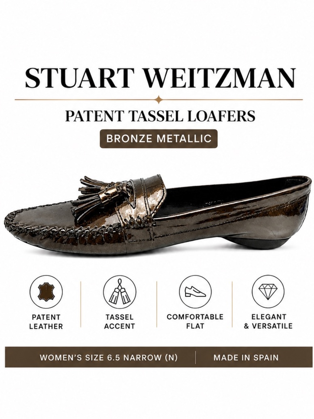 Stuart Weitzman Women’s Patent Tassel Loafers Bronze Metallic Size 6.5 Narrow